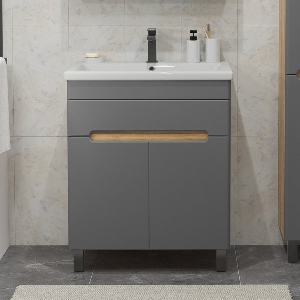 Тумба под раковину без столешницы SanStar Модена 70 напольная, графит софт, дуб вотан