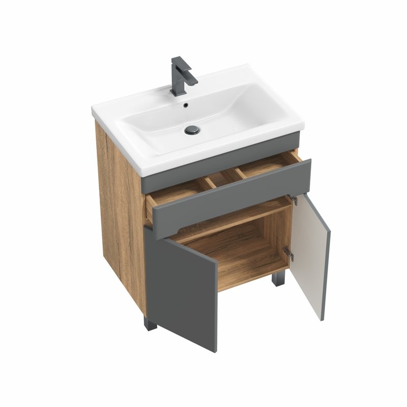 Тумба под раковину без столешницы SanStar Модена 70 напольная, графит софт, дуб вотан