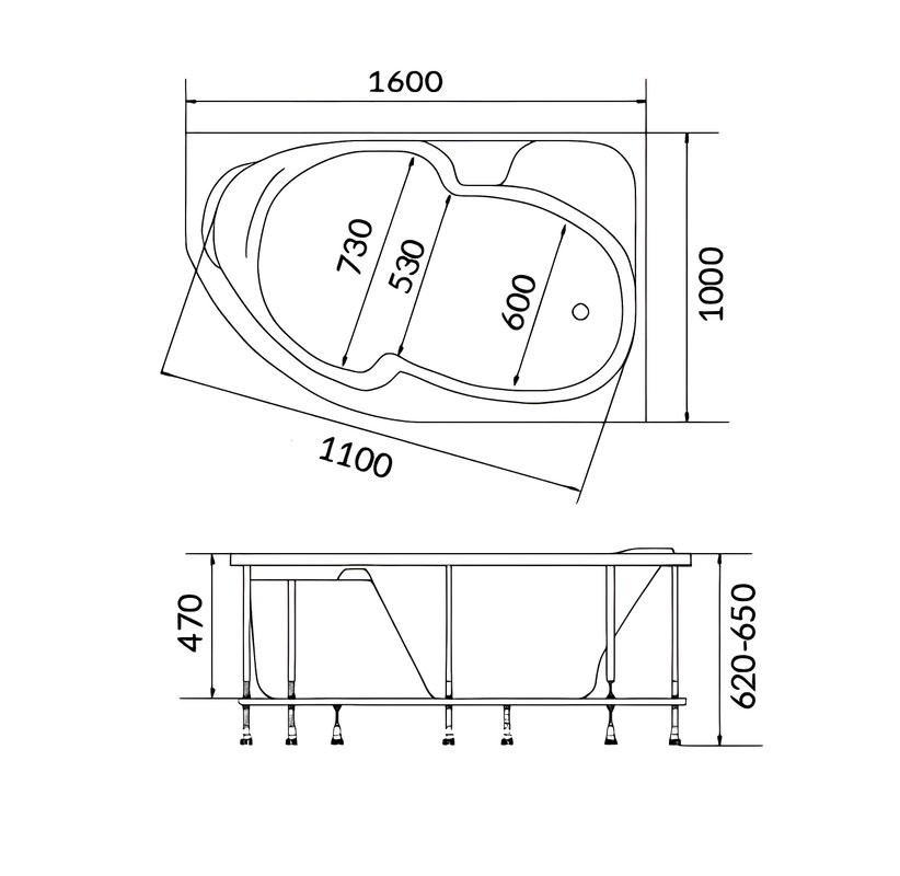 Акриловая ванна 1MarKa Diana R Стандарт 2+ 160x100 см, угловая, правая, встраиваемая, белая, асимметричная, с каркасом, с сиденьем, со сливом-переливом
