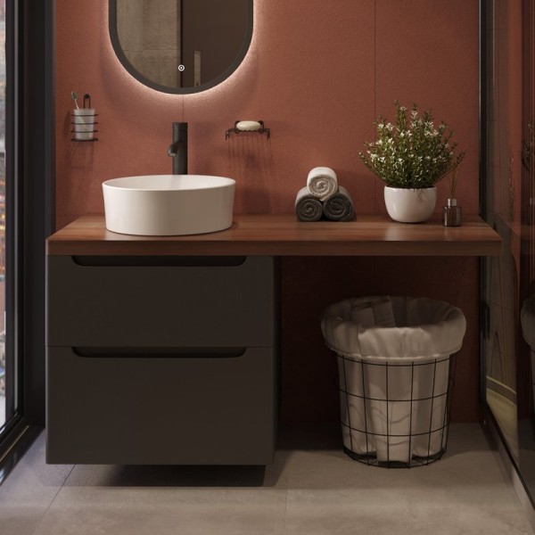 Тумба под раковину со столешницей STWORKI Берген 122 серая, столешница темная, без отверстий + правый кронштейн