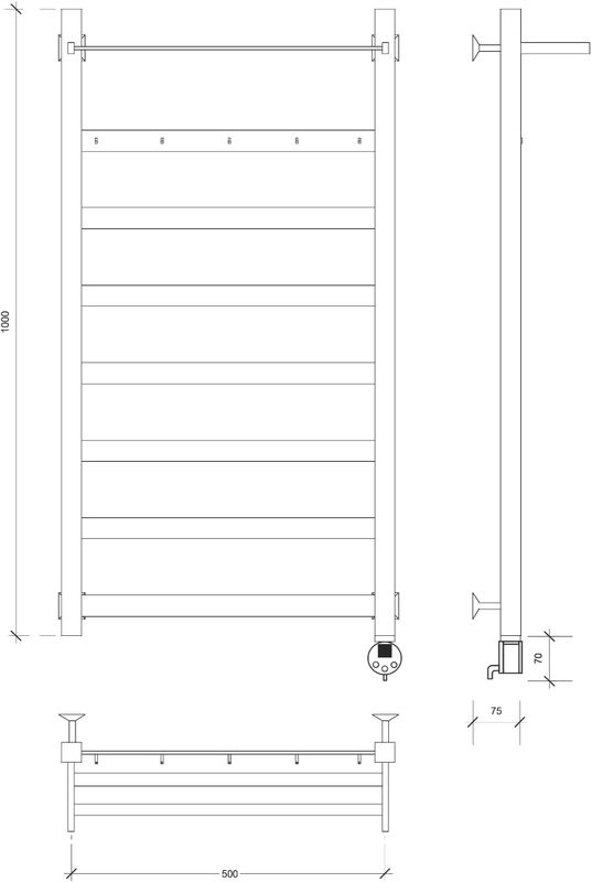 Полотенцесушитель электрический Secado Комано 1 КСП 105x55 см, подключение справа, матовый черный, лесенка, с полкой