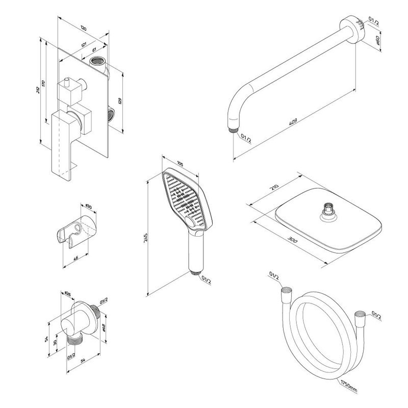 Душевая система с тропическим душем Damixa Gala 953520000 хром, скрытого монтажа, смеситель для 2 потребителей, верхний душ, встраиваемый душевой комплект, гарантия 10 лет, Дания
