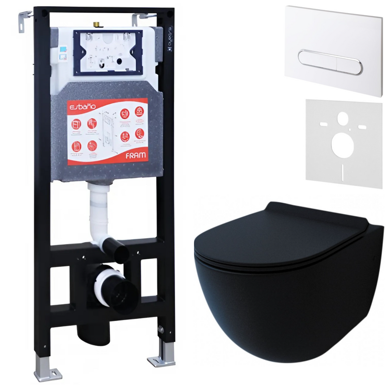 Комплект Унитаз подвесной Esbano Garcia ESUPGARCBM матовый черный + Инсталляция Fram + Кнопка ESINOVL17GW