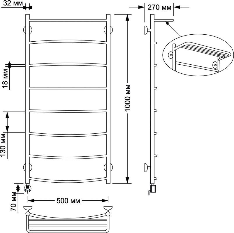 Полотенцесушитель электрический Secado Милан 4 105x55 см, подключение слева, бронза, лесенка, латунь, с полкой