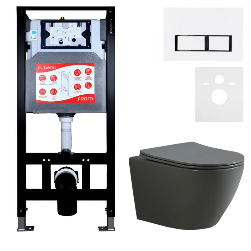 Комплект Унитаз подвесной Esbano Amapola ESUPAMAPGM матовый серый + Инсталляция Fram + Кнопка ESINPRK12GW