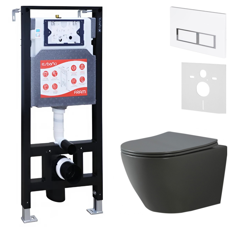 Комплект Унитаз подвесной Esbano Amapola ESUPAMAPGM матовый серый + Инсталляция Fram + Кнопка ESINPRK12GW