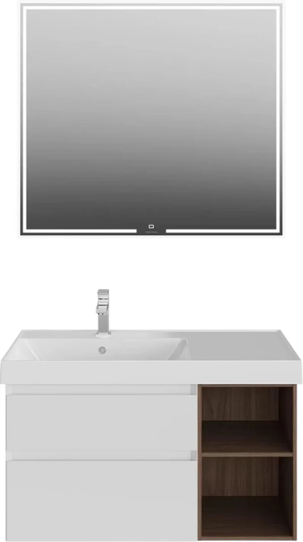 Мебель для ванной комнаты KERAMA MARAZZI Cubo 90, левая подвесная, белая матовая, структурированный орех