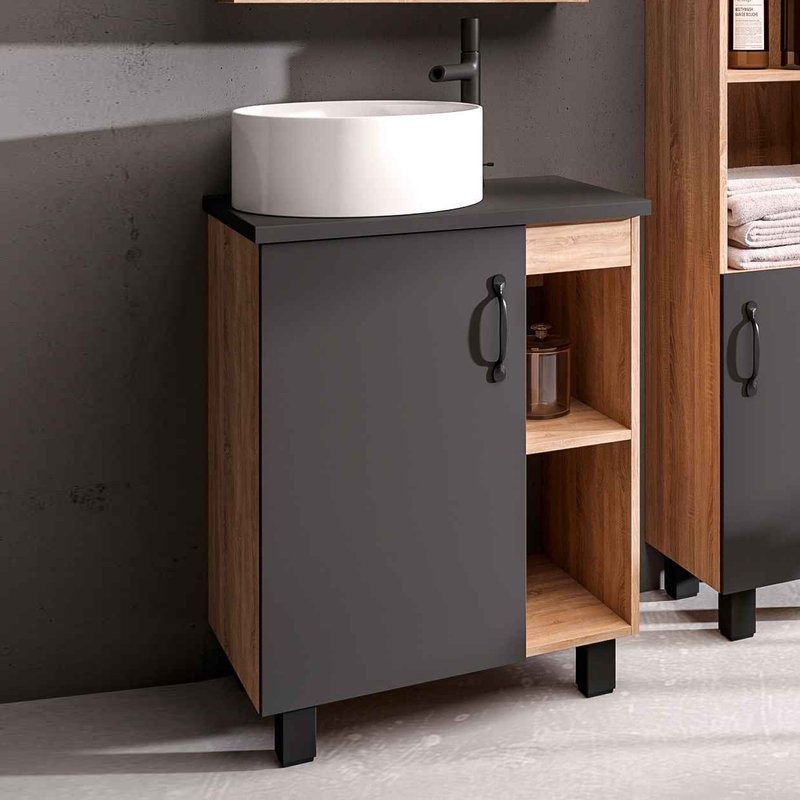 Тумба с раковиной Grossman Флай 60 со столешницей, дуб сонома, серая