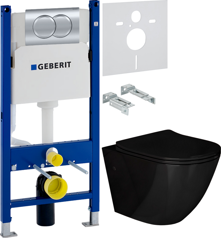 Комплект Унитаз подвесной Grossman GR-4411 black S безободковый + Инсталляция Geberit Duofix Delta 458.149.21.1 с кнопкой смыва, хром + Звукоизоляция