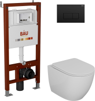 Комплект Унитаз подвесной Bauedge Bau Dream безободковый, с микролифтом + Инсталляция Bau Pro + Кнопка Hotel, черная матовая