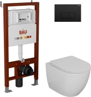 Комплект Унитаз подвесной Bauedge Bau Dream безободковый, с микролифтом + Инсталляция Bau Pro + Кнопка Hotel, черная матовая