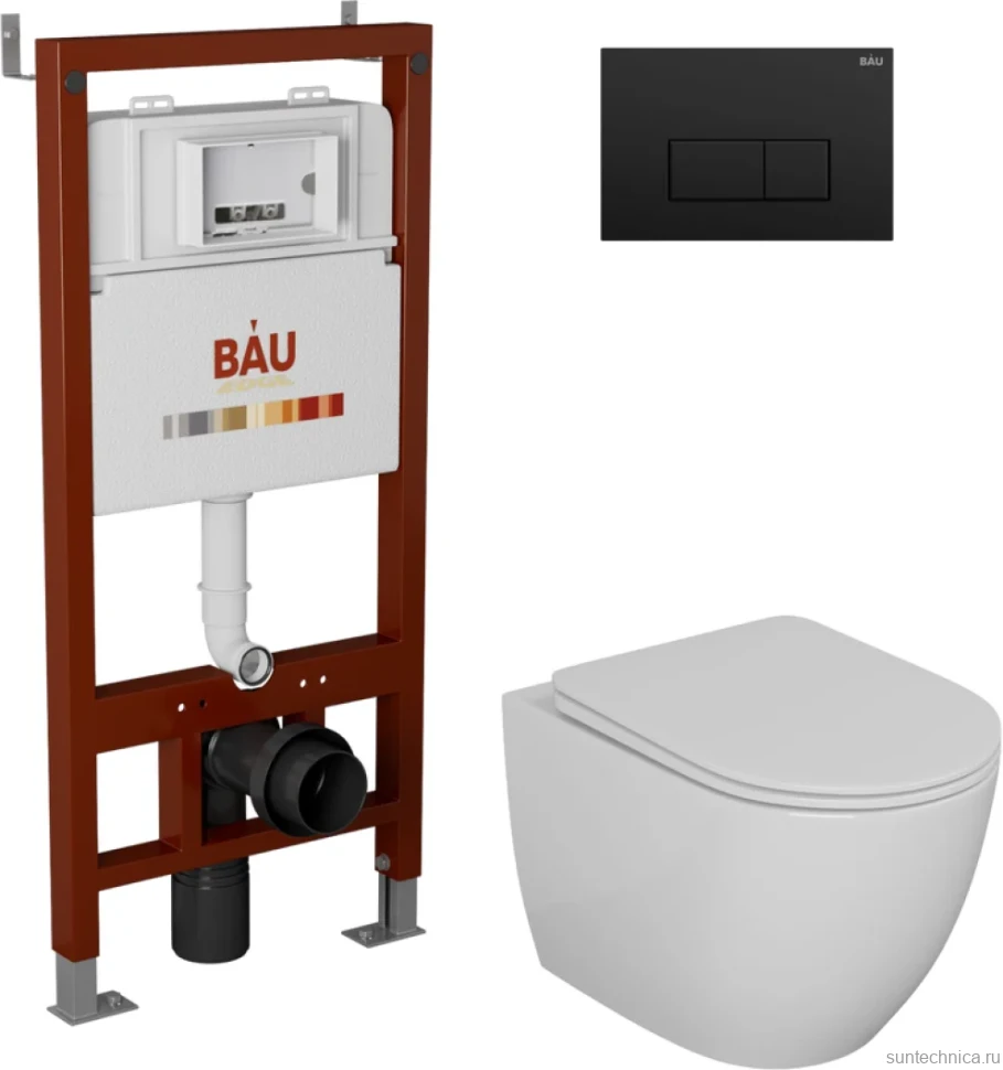 Комплект Унитаз подвесной Bauedge Bau Dream безободковый, с микролифтом + Инсталляция Bau Pro + Кнопка Hotel, черная матовая