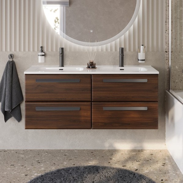 Тумба с раковиной Cezares Eco Cer-N 120 4 ящика, орех шоколад софт, раковина Duet 120, двойная, ручки матовые черные