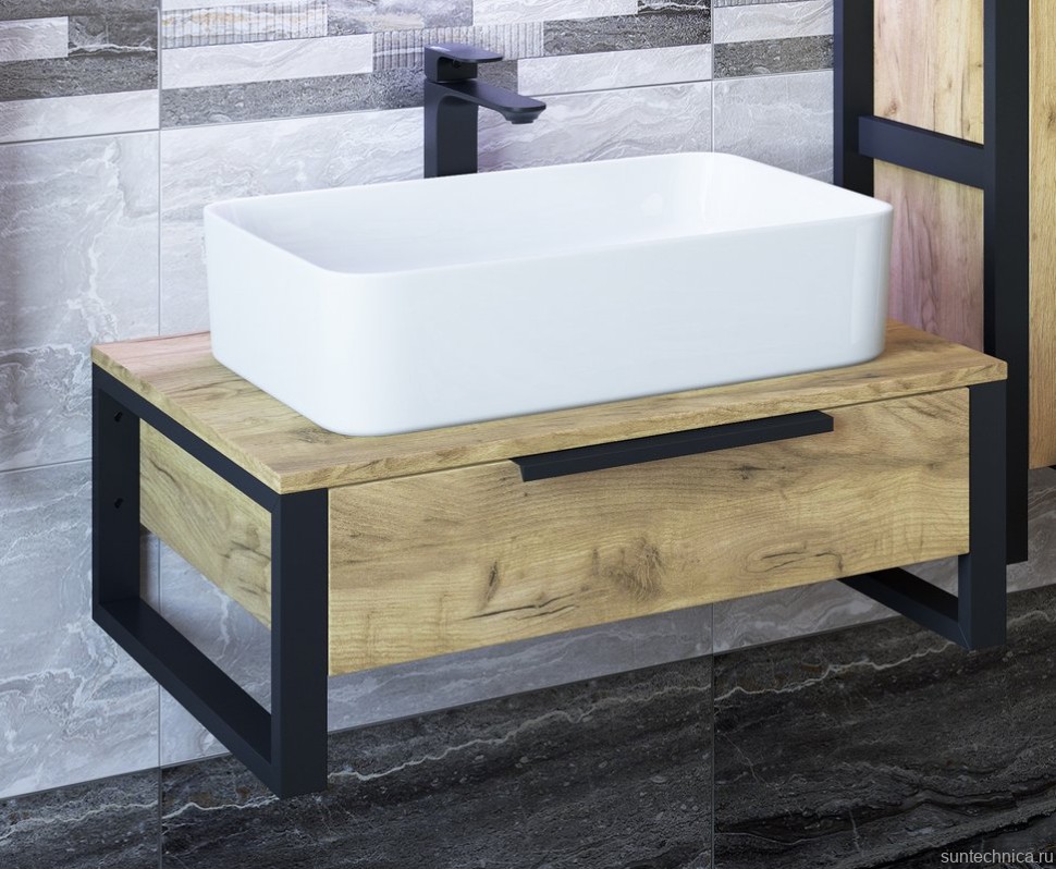 Тумба с раковиной Sanflor Гард 70 подвесная, дуб крафт золотой, черный