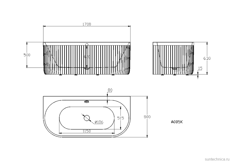 Ванна из искусственного камня AltroBagno Fabiana 090210 170x80 см, пристенная, овальная, на ножках, с донным клапаном, с подголовником
