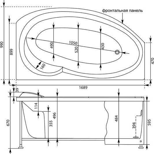 Акриловая ванна Aquanet Jersey 00205329 R 170x100 см, угловая, правая, пристенная, белая, асимметричная, с каркасом