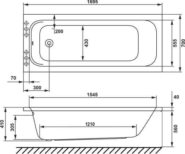 Акриловая ванна WHITECROSS Vibe 0105.170070.100.SMARTNANO.CR 170x70 см, пристенная, с гидромассажем, белая, с каркасом, со сливом-переливом, с донным клапаном