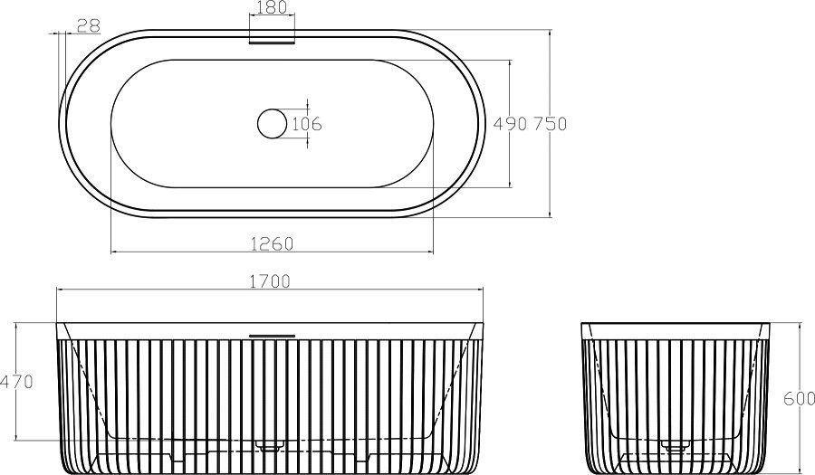 Ванна из искусственного камня Abber AM9925B 170x75 см, отдельностоящая, матовая черная, овальная