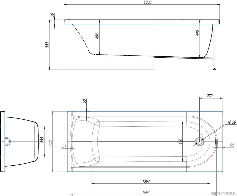 Акриловая ванна Alex Baitler Michigan 180x70 см, встраиваемая, белая, с экраном