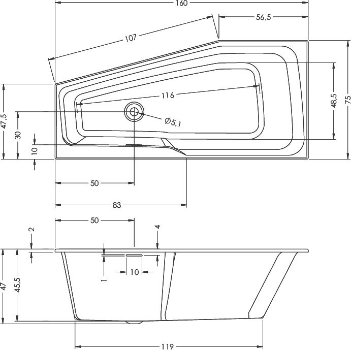Акриловая ванна Riho Rething Space R 160x75 см, угловая, правая, встраиваемая, цвет европейский белый, пятиугольная, на ножках, со сливом-переливом