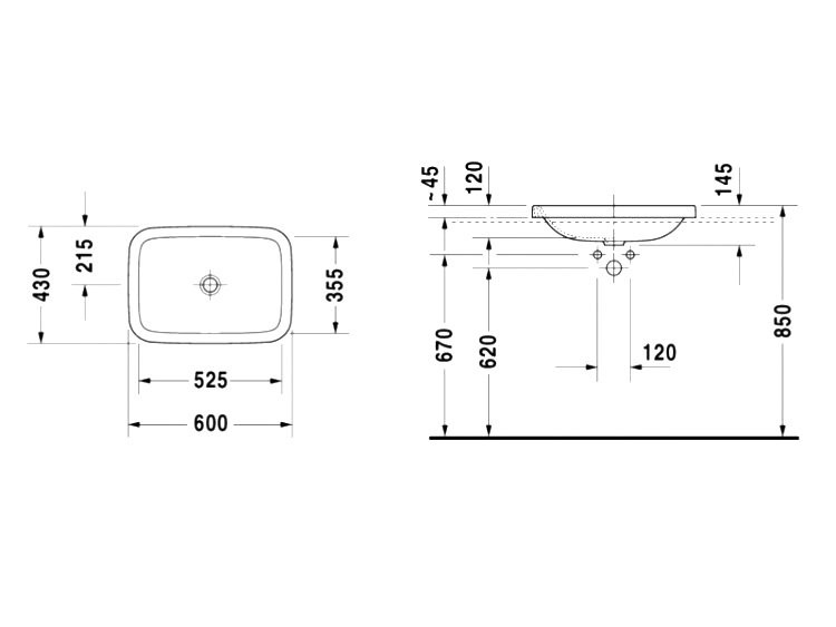 Раковина встраиваемая сверху Duravit DuraStyle 0372600000 60 глянцевая белая, прямоугольная, фаянс