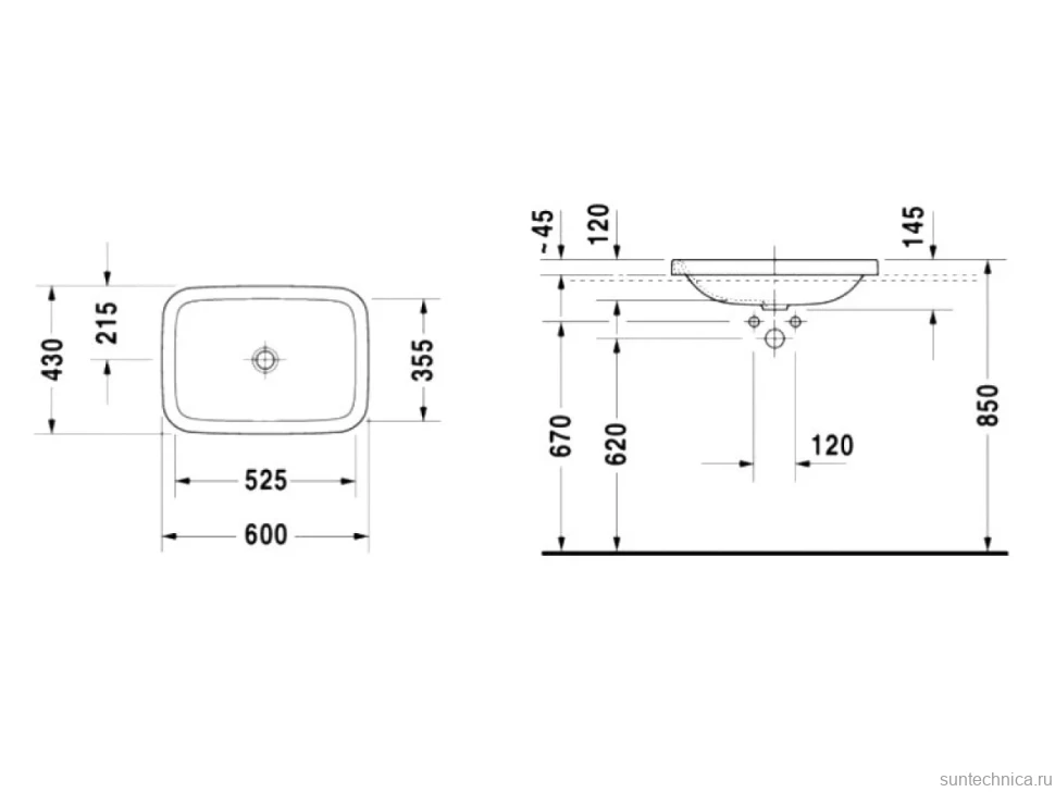 Раковина встраиваемая сверху Duravit DuraStyle 0372600000 60 глянцевая белая, прямоугольная, фаянс