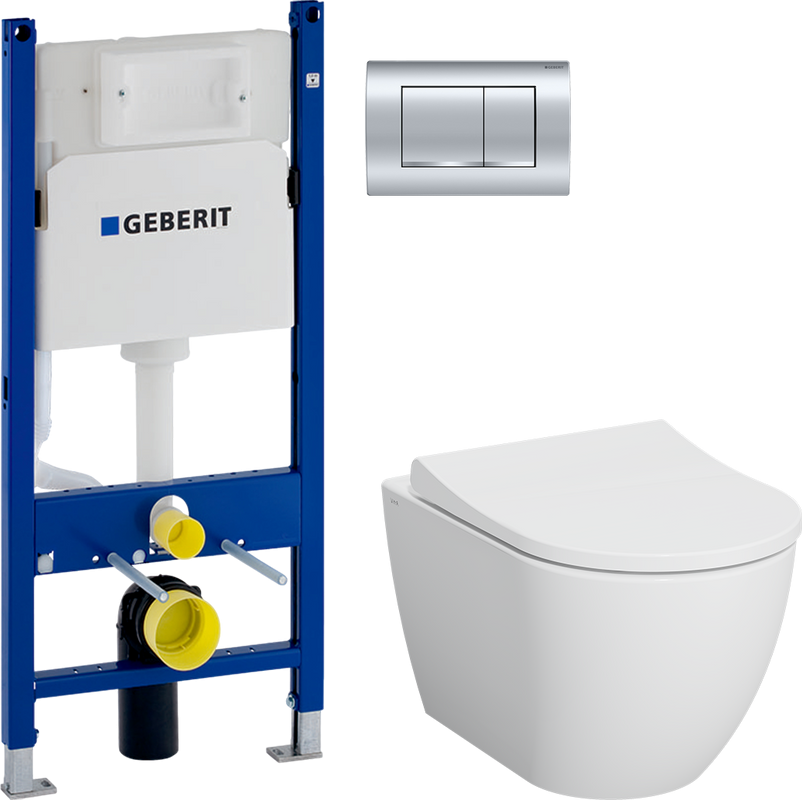 Комплект Унитаз подвесной VitrA Mia Round SmoothFlush 7510B003-0075 безободковый + Крышка 801-003-019 с микролифтом + Инсталляция Geberit Duofix Delta 458.163.21.1 с кнопкой смыва, хром