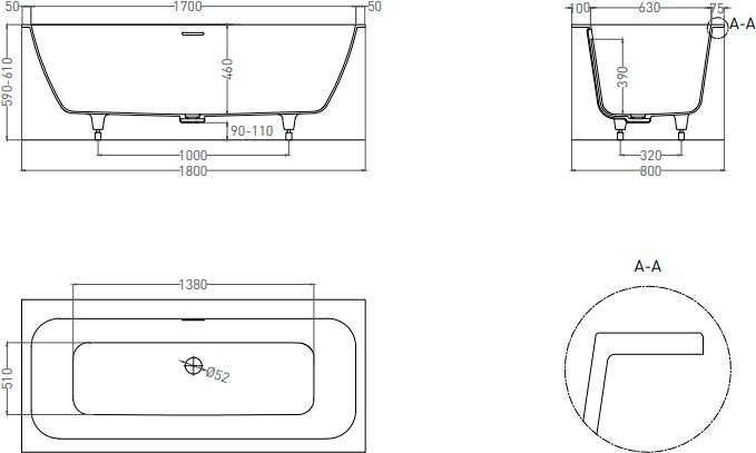 Ванна из искусственного камня Salini Orlanda Axis Kit S-Sense 180x80 см, встраиваемая, белая, на ножках, со сливом-переливом