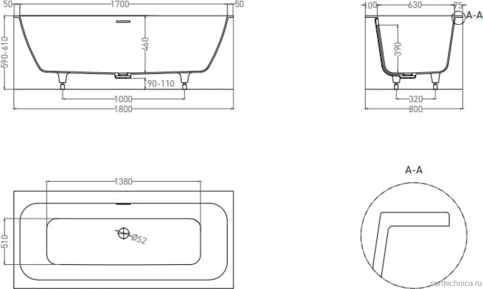 Ванна из искусственного камня Salini Orlanda Axis Kit S-Sense 180x80 см, встраиваемая, белая, на ножках, со сливом-переливом