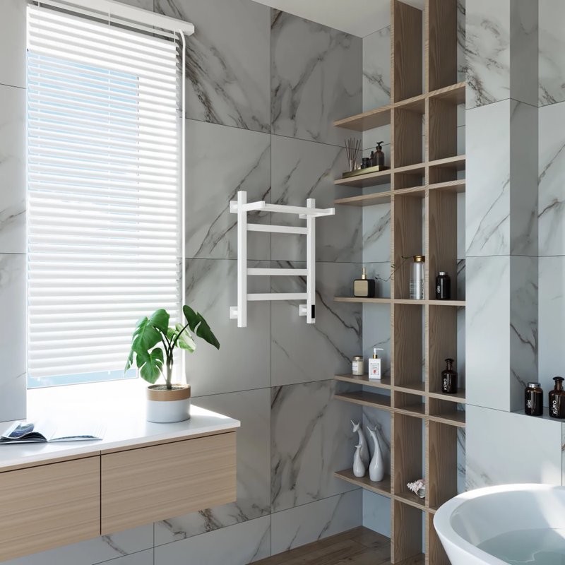 Полотенцесушитель электрический Grota Tela 430х600 RAL9016 EL 60x45 см, подключение справа, слева, скрытое подключение справа, матовый белый, лесенка, из стали, с полкой