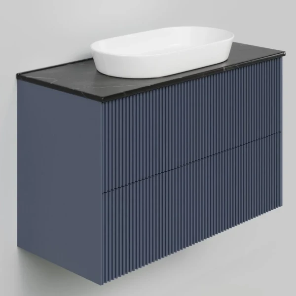 Тумба под раковину со столешницей La Fenice Terra Twin Blu Grigio 100 подвесная, синяя матовая, столешница черный мрамор