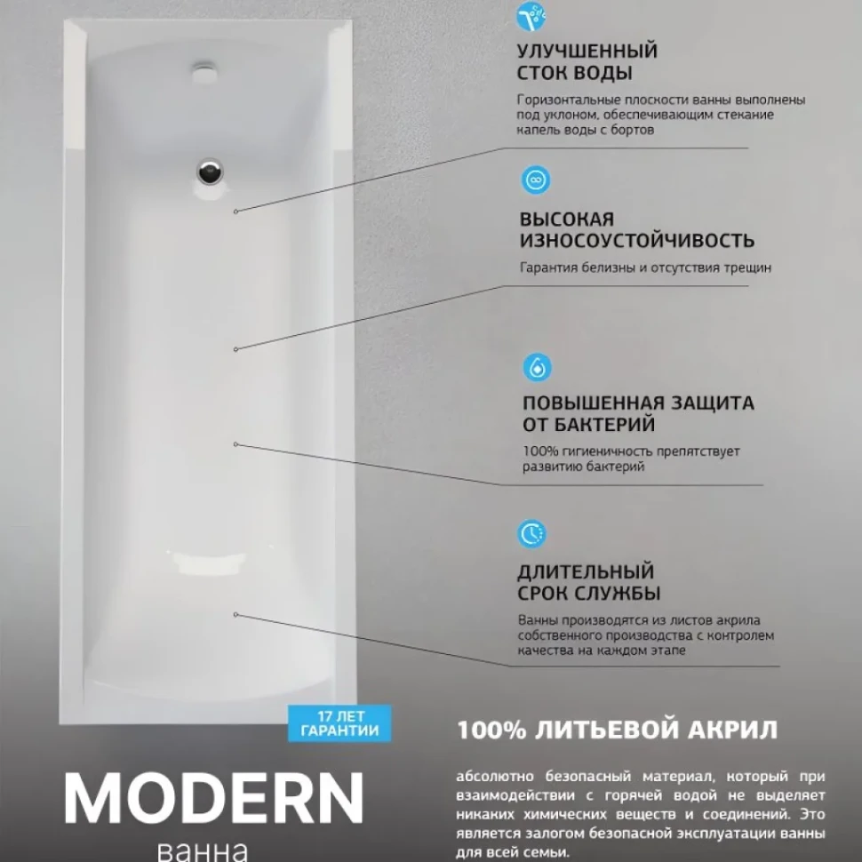 Акриловая ванна 1MarKa Modern Стандарт 1 130x70 см, пристенная, белая, со сливом-переливом