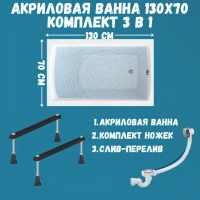 Акриловая ванна 1MarKa Modern Стандарт 1 130x70 см, пристенная, белая, со сливом-переливом