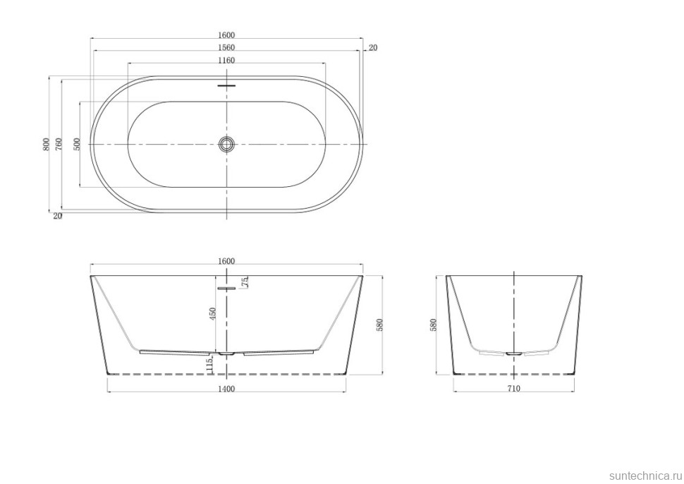 Ванна акриловая Azario BRISTOL 1600х800х580, свободностоящая, в комплекте с сифоном и металлической рамой (BRI16080)