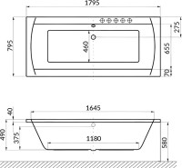 Акриловая ванна Excellent Aquaria Lux Line 180x80 см, встраиваемая, с гидромассажем, белая, с каркасом, со сливом-переливом, фурнитура золото