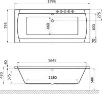 Акриловая ванна Excellent Aquaria Lux Line 180x80 см, встраиваемая, с гидромассажем, белая, с каркасом, со сливом-переливом, фурнитура золото