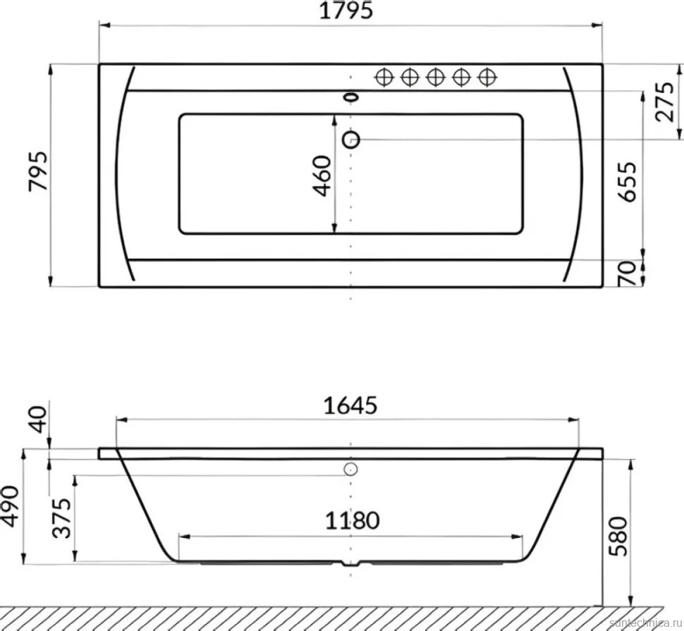 Акриловая ванна Excellent Aquaria Lux Line 180x80 см, встраиваемая, с гидромассажем, белая, с каркасом, со сливом-переливом, фурнитура золото