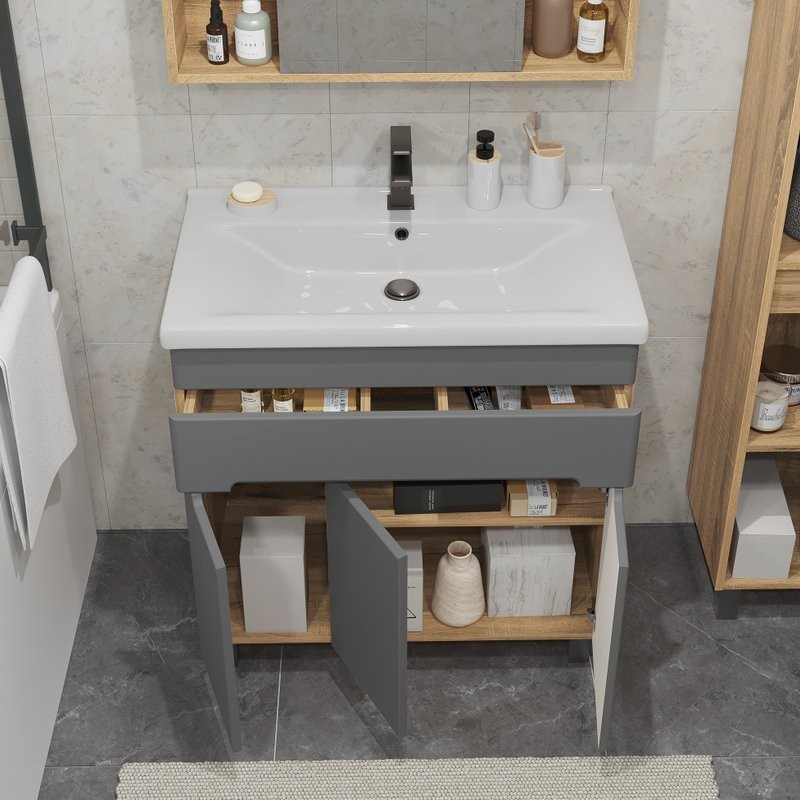 Тумба под раковину без столешницы SanStar Модена 80 напольная, графит софт, дуб вотан