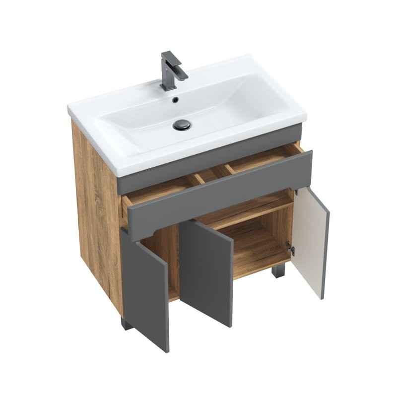 Тумба под раковину без столешницы SanStar Модена 80 напольная, графит софт, дуб вотан