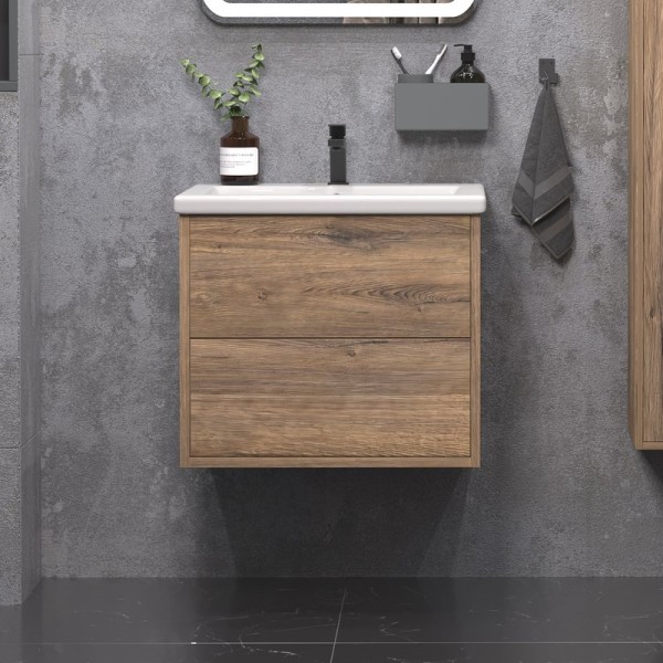 Тумба с раковиной SanStar Siva 50 подвесная, дуб веллингтон табак, раковина Como 50