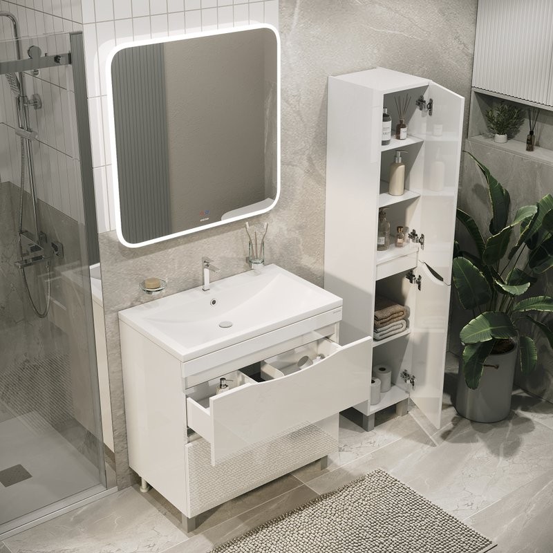 Мебель для ванной комнаты Grossman Виста 80 напольная, 2 ящика, белый глянец