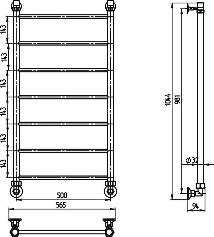 Полотенцесушитель водяной Двин J 100/50 К1 1"-1/2" полированный хром