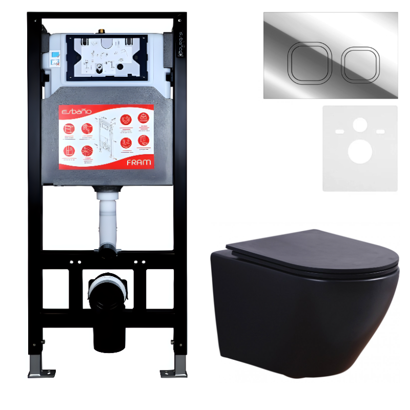 Комплект 3 в 1 Унитаз подвесной Esbano Azalea ESUPAZALBM + Инсталляция Fram + Кнопка ESINLPS10SC цвет глянцевый хром