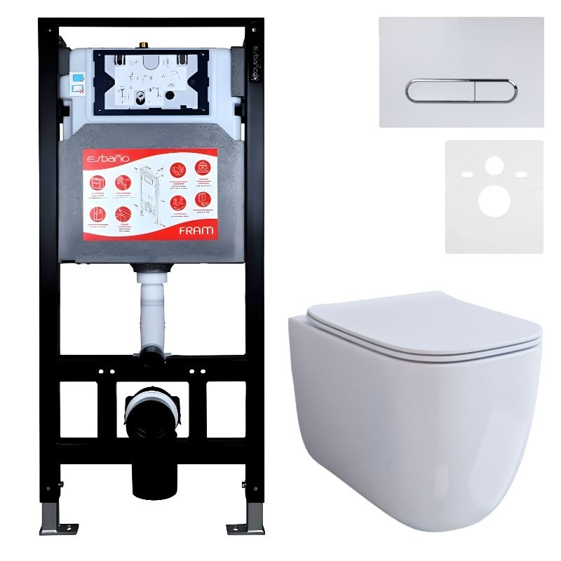 Комплект 3 в 1 Унитаз подвесной Esbano ESUPGARAW + Инсталляция Fram + Кнопка ESINOVL17GW цвет глянцевый белый