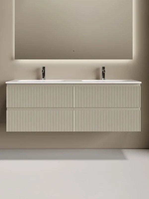 Тумба с раковиной Sancos Snob R 70 beige soft, 2 шт, раковина Ceramicanova Grace с двумя чашами и отверстиями под смеситель CN7022