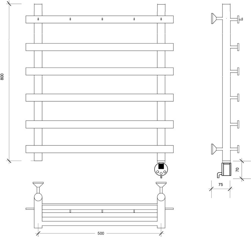 Полотенцесушитель электрический Secado Понтида 1 K, R 80x60 см, подключение справа, графит, лесенка