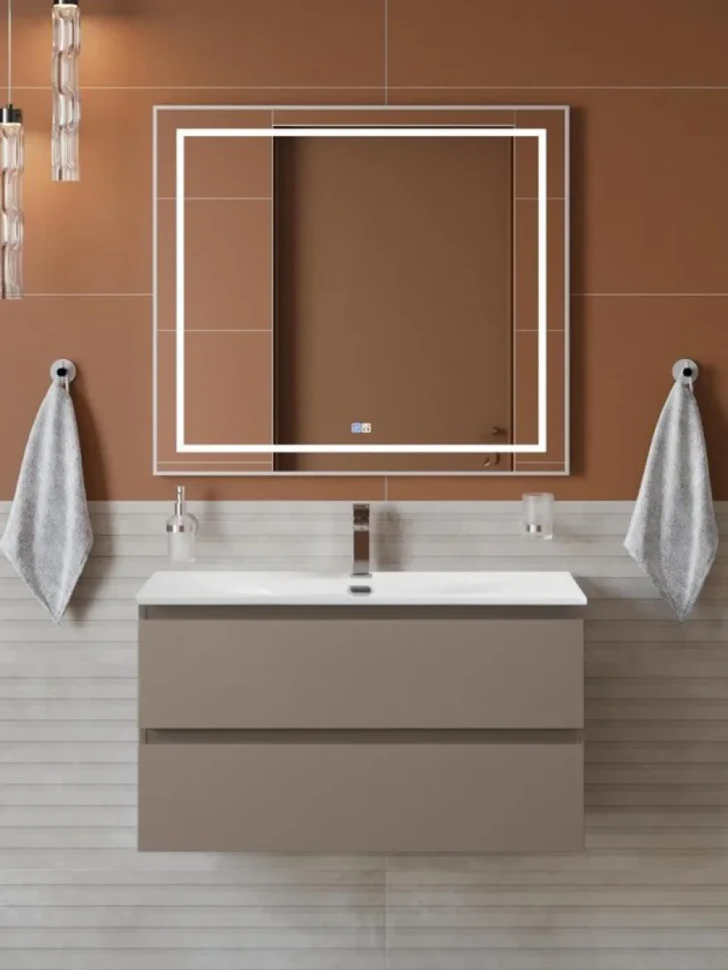 Мебель для ванной комнаты BelBagno Kraft 90 подвесная, матовая бежевая, раковина bb-8099-90