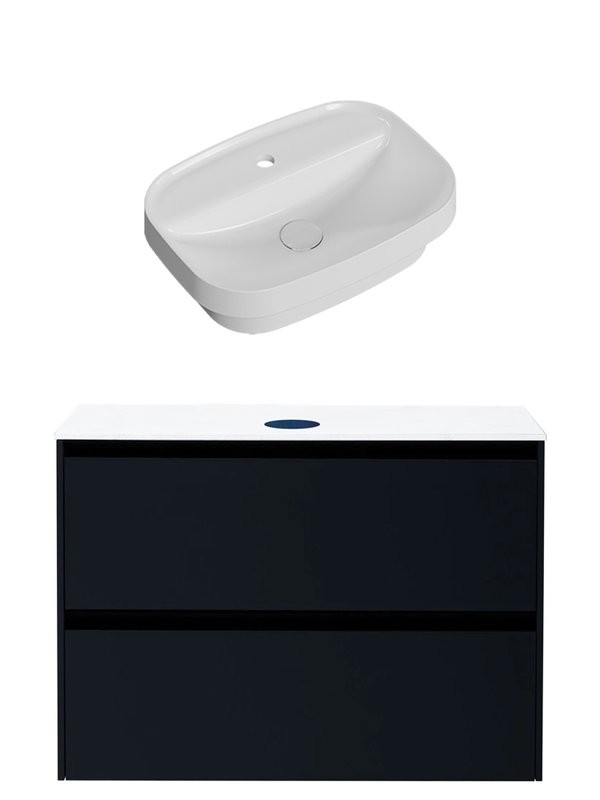 Тумба с раковиной Allen Brau Activity 90 с подсветкой, матовый антрацит, черный браш, столешница белая, раковина Fantasy Sphere 55x40, белая