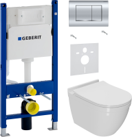 Комплект Унитаз подвесной Bauedge Bau Mif PRO безободковый, с микролифтом, белый + Звукоизоляция Geberit + Инсталляция Duofix Delta 458.163.21.1 с кнопкой смыва, хром