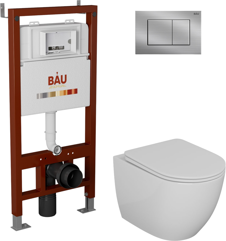 Комплект Унитаз подвесной Bauedge Bau Dream безободковый, с микролифтом + Инсталляция Bau Pro + Кнопка Stil, сатин